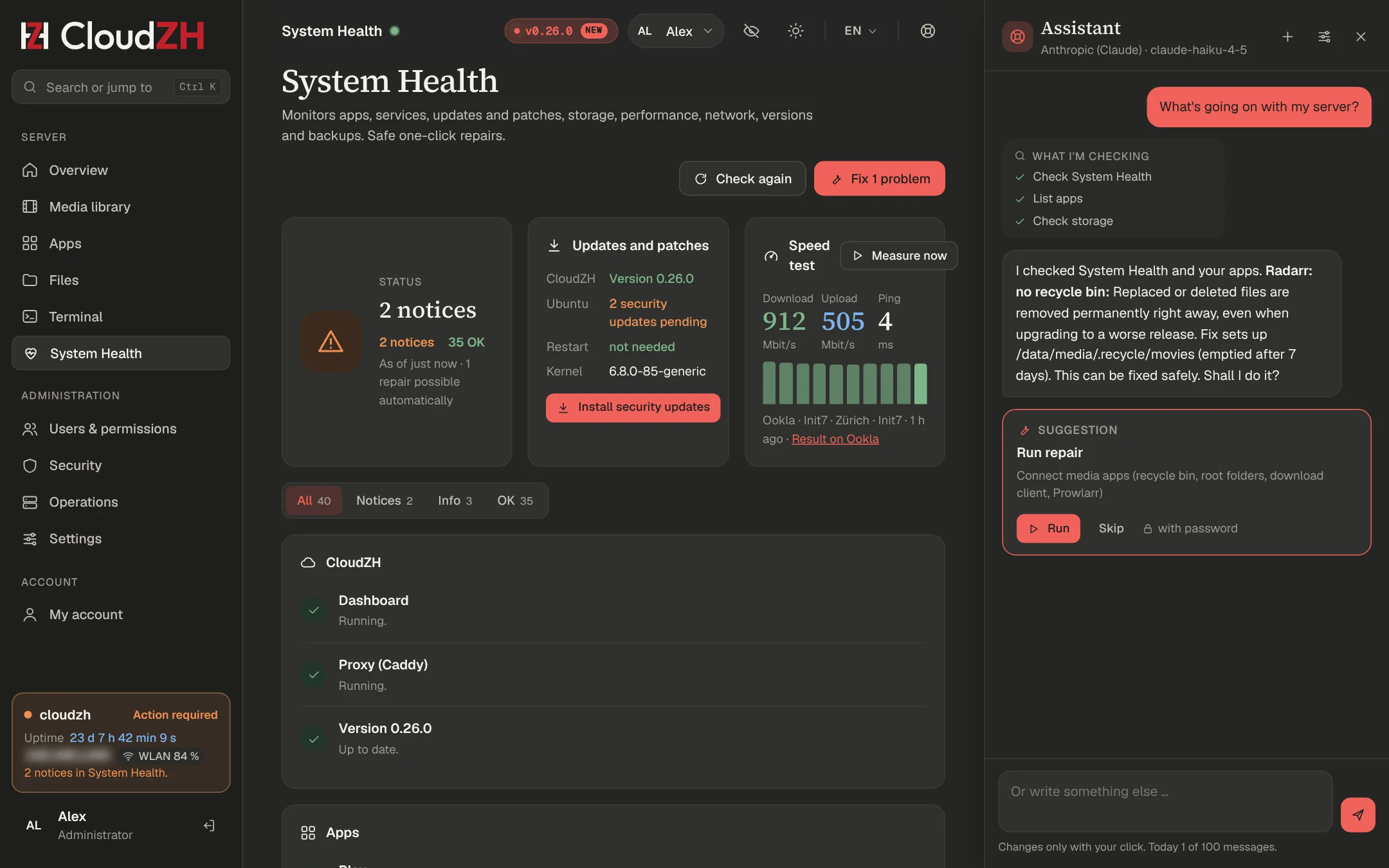 Assistant panel next to System Health with a proposed repair