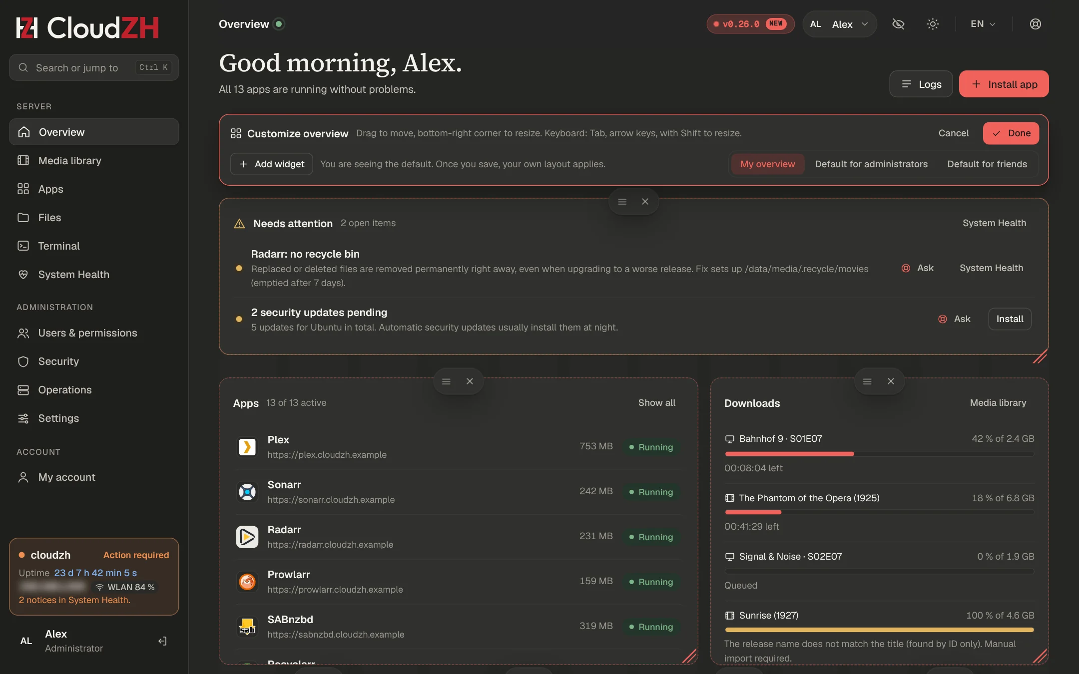 Overview in customize mode with handles to move and resize widgets
