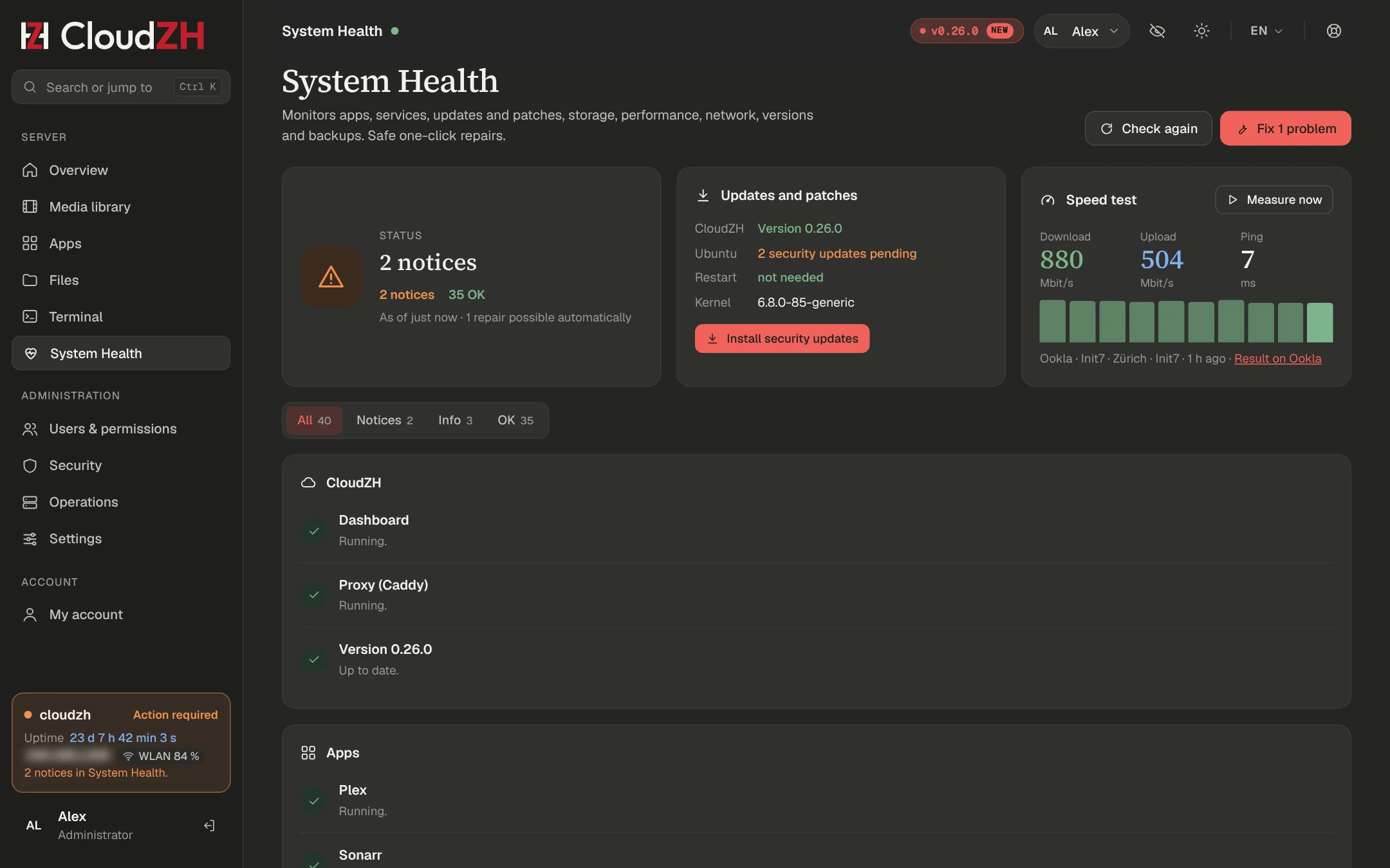 System Health with notices, updates and speed test