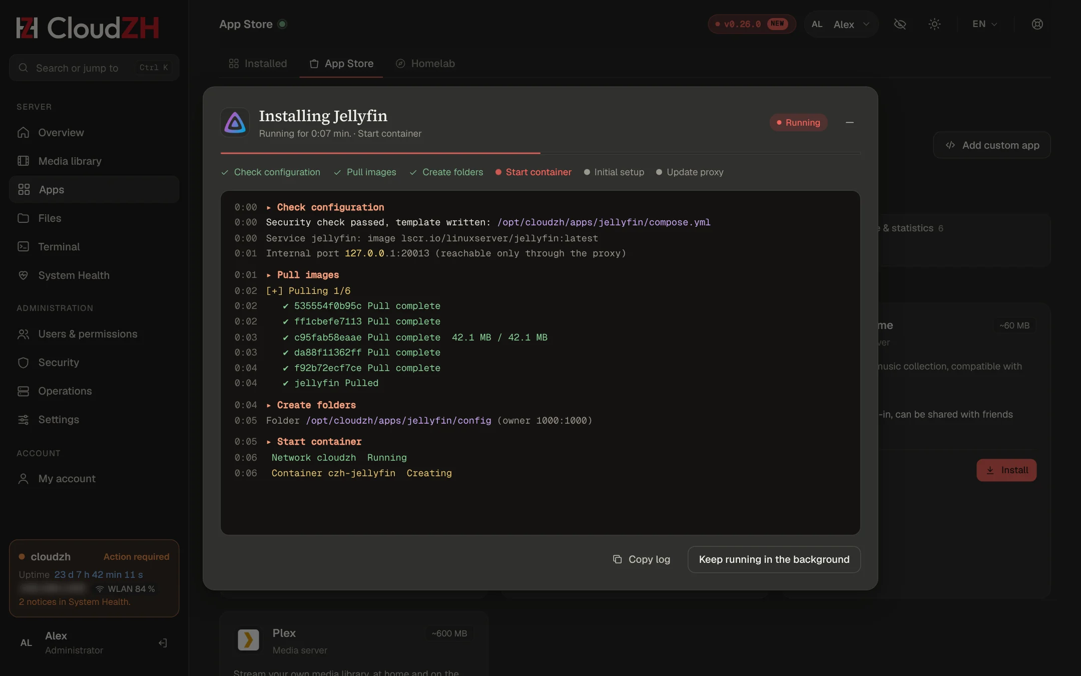 Live console while installing Jellyfin