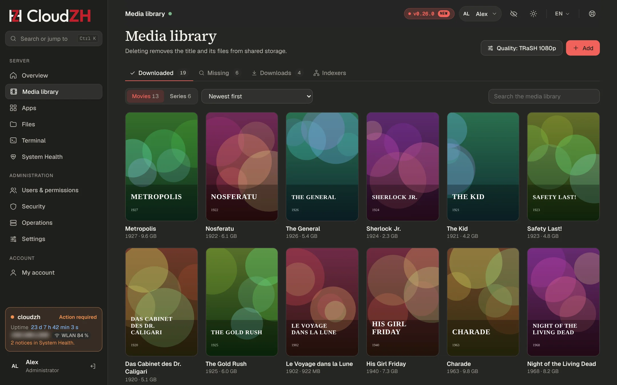 Media library with posters, tabs and quality setting