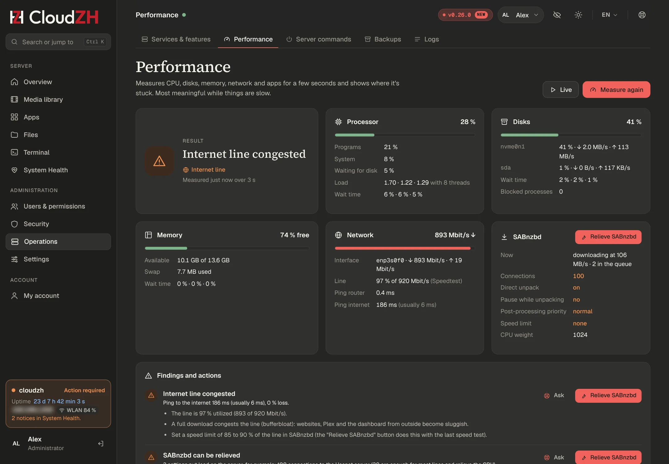 Performance diagnosis naming the internet line as bottleneck