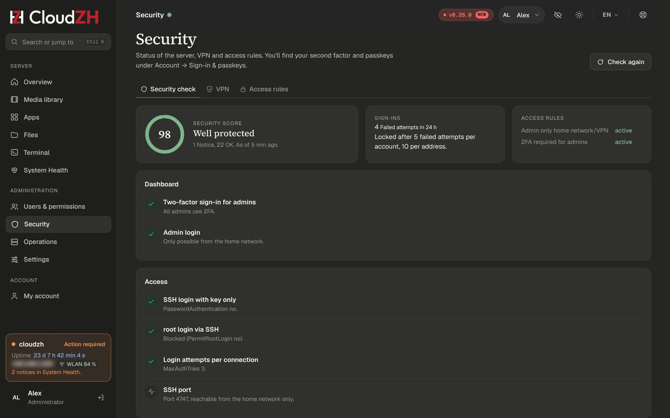 Security page with score, 2FA rules and access settings