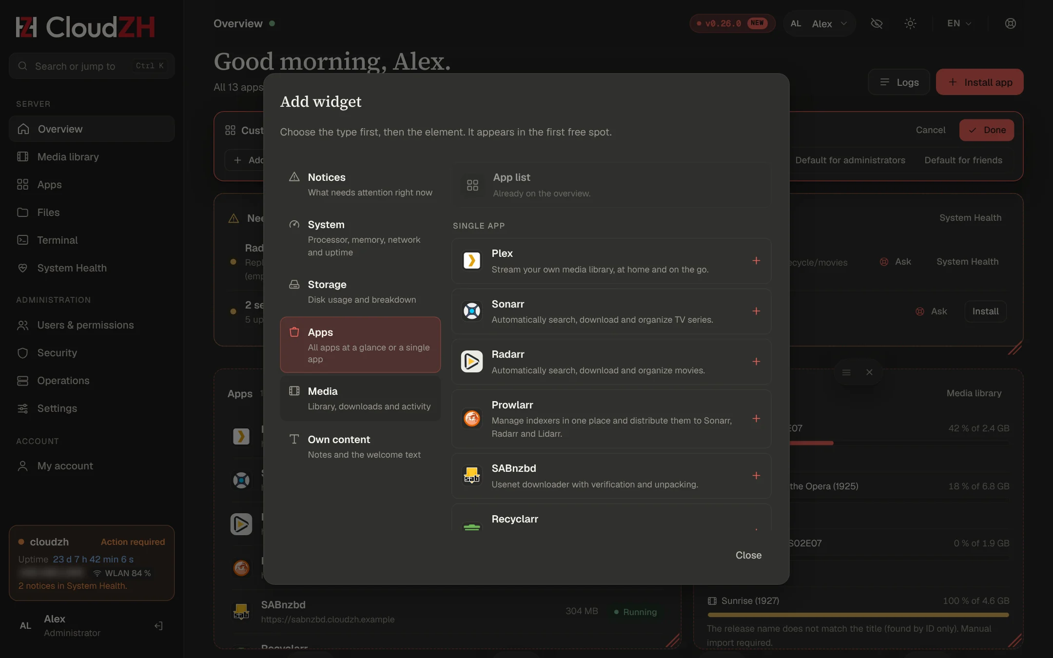 Add widget dialog: choose the type first, then the element
